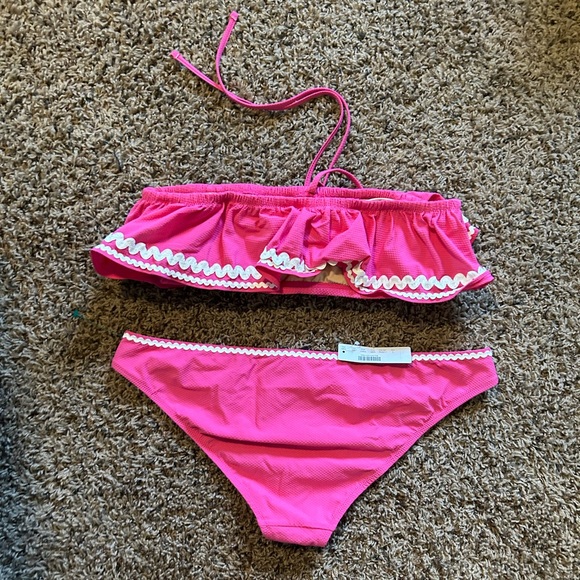 J Crew Pink Ruffle Rickrack Halter Strapless Low Waist Bikini NWT vacation swim - Picture 6 of 7